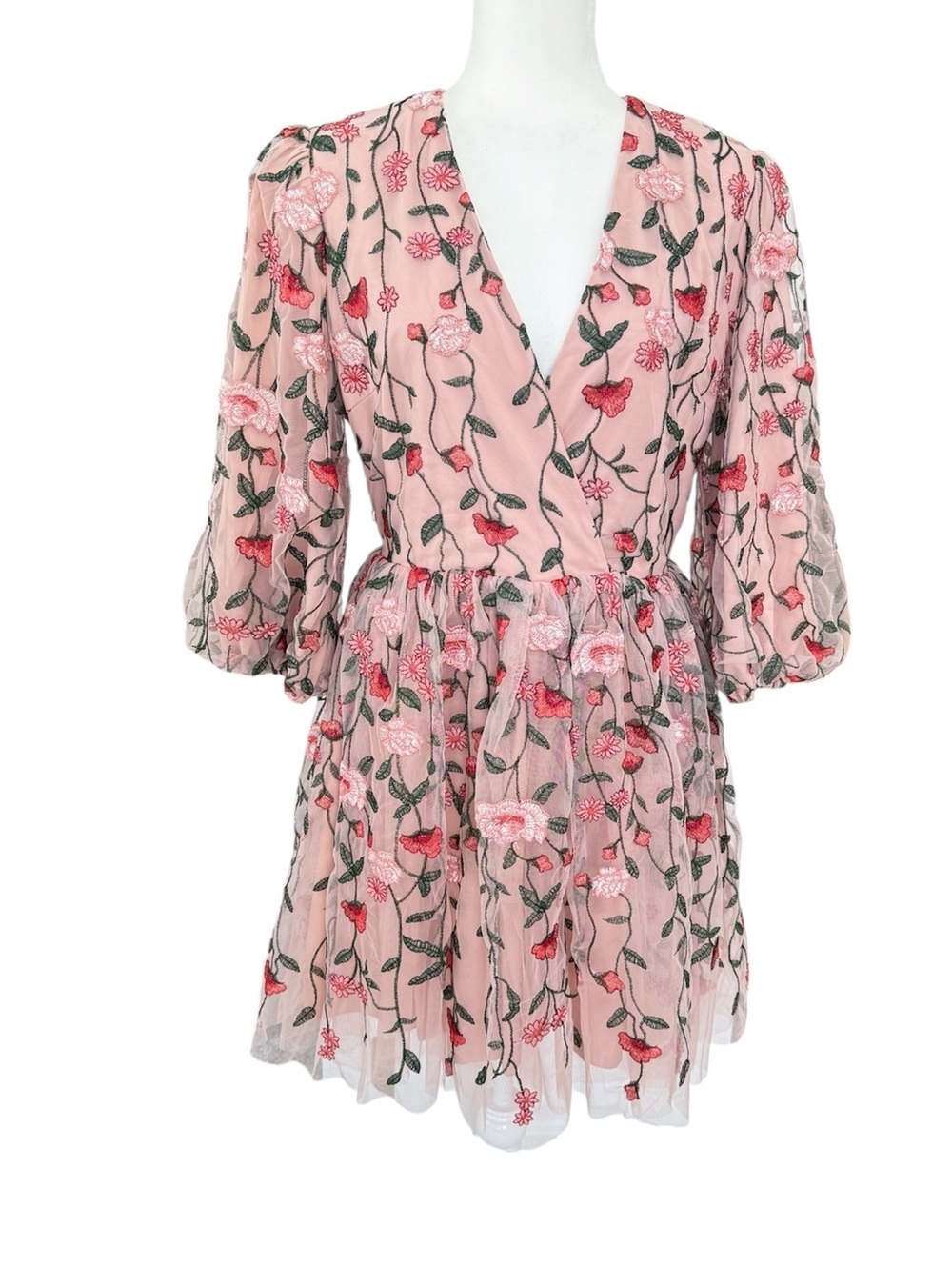 Jessakae Blush Pink Floral Embroidered Tulle Dress V-Neck 3/4 Puff Sleeves L